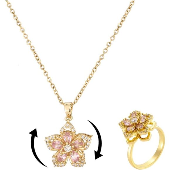 Women Gold Flower Fidget Pink Set Necklace Rotatable Crystal Blossom Pendant - Picture 7 of 7